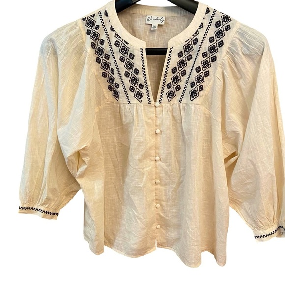 Wonderly Women's Embroidered Button Down Peasant Blouse Size XLP Cream Boho Boxy - Picture 2 of 10